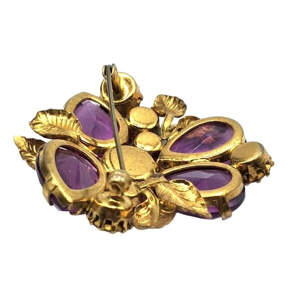 Austria Rhinestone Brooch Pink Purple Gold Tone Leaves Pin Vintage Costume Jewel - Picture 11 of 11